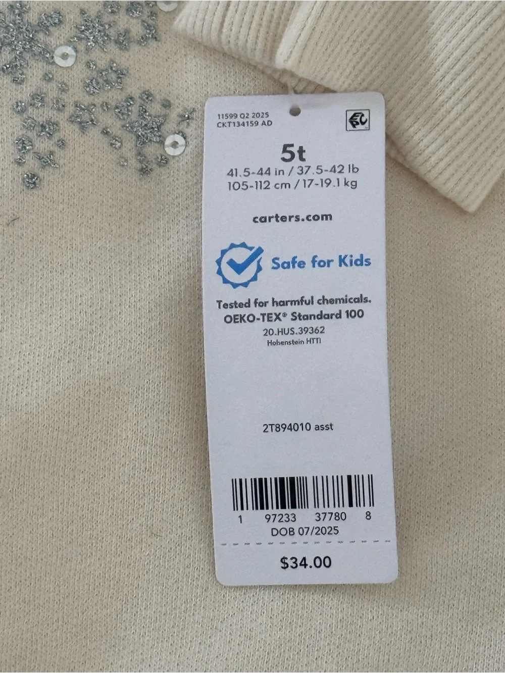 Carter’s Girls 5T Cream Silver Snowflake Sequin Sweatshirt Holiday NWT